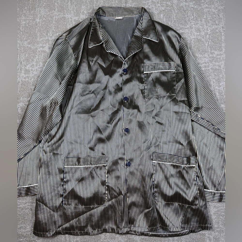 NK 100% Silk Striped Button Down Long Sleeve Sleep Shirt Size XL
